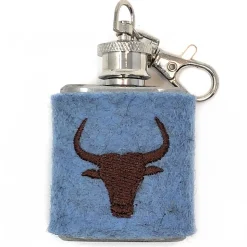 Abverkauf Mini Flachmann Edelstahl 30 ml + Hülle bestickt mit Stier aus Wollfilz