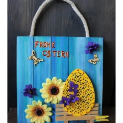 Acrylbild Collage FROHE OSTERN auf  einer Holzplatte Geldgeschenk zu Ostern Osterdeko