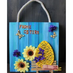 Acrylbild Collage FROHE OSTERN auf  einer Holzplatte Geldgeschenk zu Ostern Osterdeko
