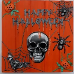 Acrylbild Collage HAPPY HALLOWEEN auf  Holzplatte Mixed Media Halloween-Deko  Totenkopf Fledermaus