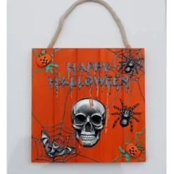 Acrylbild Collage HAPPY HALLOWEEN auf  Holzplatte Mixed Media Halloween-Deko  Totenkopf Fledermaus