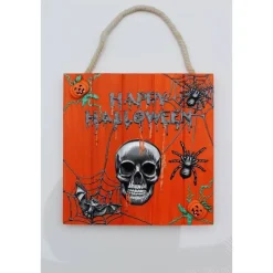 Acrylbild Collage HAPPY HALLOWEEN auf  Holzplatte Mixed Media Halloween-Deko  Totenkopf Fledermaus