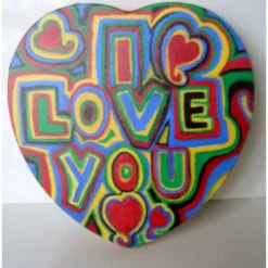 Acrylbild I LOVE YOU Herzbild zum Valentinstag Muttertag Collage Bild auf herzförmigem Keilrahmen