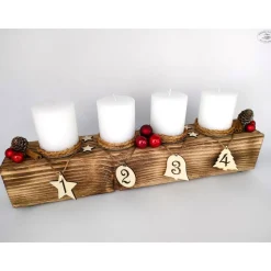 Adventsbalken aus Holz mit weißen Kerzen und Glaskugeln/ Adventsgesteck / Adventsdeko