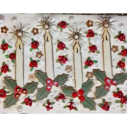 Adventsdekoration aus Holz & Leinen handgemacht– Adventskerzen aus Emaille mit Stickerei und Perlen zum Aufhängen