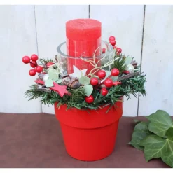 Adventsgesteck Weihnachtsdeko rot grün Kerzengesteck