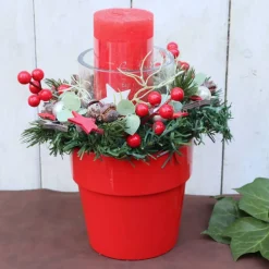 Adventsgesteck Weihnachtsdeko rot grün Kerzengesteck