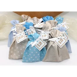 Adventskalender / Säckchen zum Befüllen / Stoffsäckchen mit Zahlen creme beige hellblau