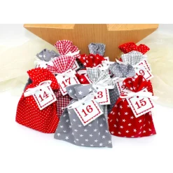 Adventskalender / Säckchen zum befüllen / Stoffsäckchen mit Zahlen rot grau