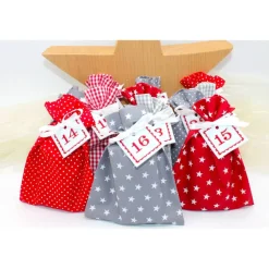 Adventskalender / Säckchen zum befüllen / Stoffsäckchen mit Zahlen rot grau