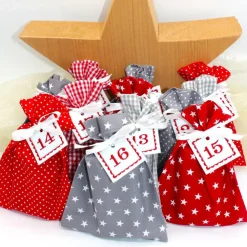 Adventskalender / Säckchen zum befüllen / Stoffsäckchen mit Zahlen rot grau