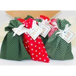 Adventskalender / Säckchen zum Befüllen / Stoffsäckchen mit Zahlen dunkelgrün rot