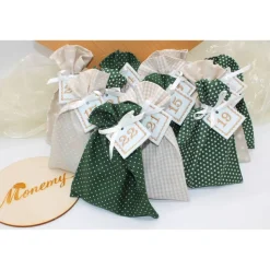 Adventskalender / Säckchen zum Befüllen / Stoffsäckchen mit Zahlen dunkelgrün beige