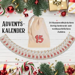 Adventskalender aus Baumwollsäckchen zum Befüllen – Rot mit Schneeflockendekor | DIY Weihnachtskalender | 24 Säckchen