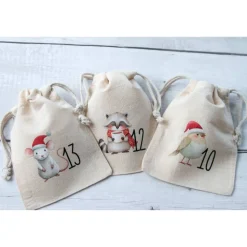 Adventskalender Beutel 24 Stück – Baumwollbeutel mit Waldtieren, OEKO-TEX, 10×14