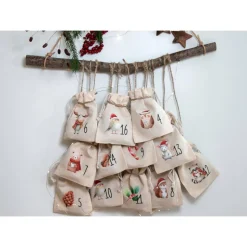 Adventskalender Beutel 24 Stück – Baumwollbeutel mit Waldtieren, OEKO-TEX, 10×14