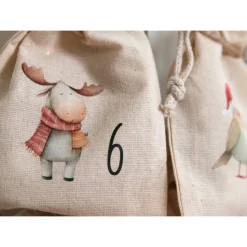 Adventskalender Beutel 24 Stück – Baumwollbeutel mit Waldtieren, OEKO-TEX, 10×14