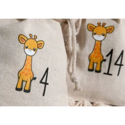 Adventskalender Beutel 24 Stück – Giraffe | 100% Baumwolle OEKO-TEX, 10×14/15×20 cm, wiederverwendbar (auch als Mix)