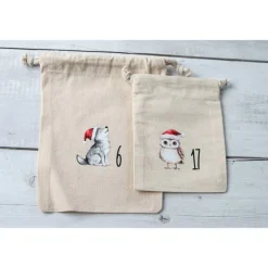 Adventskalender Beutel 24 Stück – Baumwollbeutel mit Weihnachtstieren, OEKO-TEX, klein/groß/Mix, wiederverwendbar