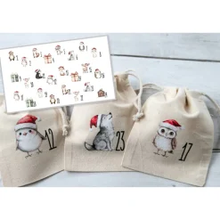 Adventskalender Beutel 24 Stück – Baumwollbeutel mit Weihnachtstieren, OEKO-TEX, klein/groß/Mix, wiederverwendbar