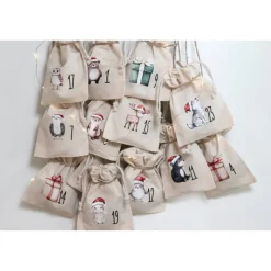 Adventskalender Beutel 24 Stück – Baumwollbeutel mit Weihnachtstieren, OEKO-TEX, klein/groß/Mix, wiederverwendbar
