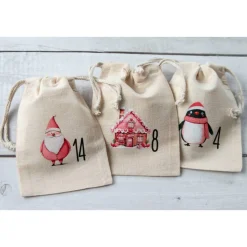 Adventskalender Beutel 24 Stück – Baumwollbeutel „Pink Christmas“, OEKO-TEX, 10×14/15×20 cm, wiederverwendbar