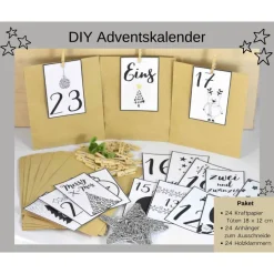 Adventskalender DIY mit Kraftpapiertüten, Zahlen und Holzklammern mir grafischen Motiven