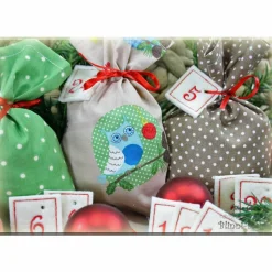 Adventskalender EULE, Stoff Säckchen mit gestickten Zahlen für Kinder und Erwachsene, Weihnachten, Advent, verschiedene Farben
