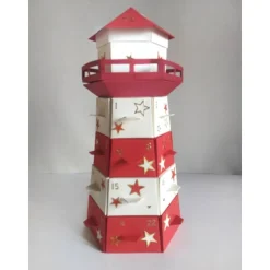 Adventskalender Leuchtturm zum selbst befüllen – Handgemacht in Rot/Cremfarben