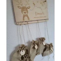 Adventskalender personalisiert mit Name klein,Rehntier, Weihnachten, Adventskalender aus Holz/Laser, Advent,Jutesäckchen