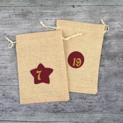 Adventskalender **weinROT** von ZWEIFARBIG Jutesäckchen mit Zahlen 24er Set Stern Kreis Adventszahlen Säckchen