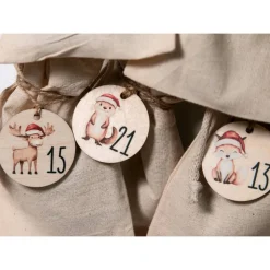 Adventskalender Zahlen Holz 1–24, Ø 4,5 cm – rund, mit Weihnachtstieren bedruckt, lasergeschnitten