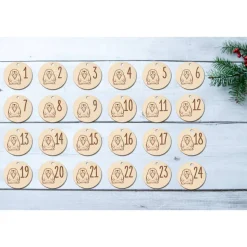 Adventskalender Zahlen Holz 1–24, rund Ø4,5 cm – Seelöwen-Gravur, wiederverwendbar