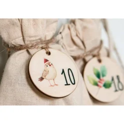 Adventskalender Zahlen Holz 1–24, Ø 4,5 cm – rund, mit Waldtieren bedruckt, lasergeschnitten