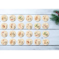 Adventskalender Zahlen Holz 1–24, Ø 4,5 cm – rund, mit Waldtieren bedruckt, lasergeschnitten