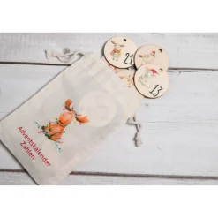 Adventskalender Zahlen Holz 1–24, Ø 4,5 cm – rund, mit Waldtieren bedruckt, lasergeschnitten