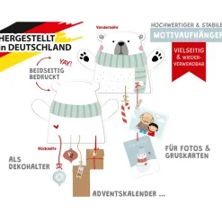 Adventskalender zum Aufhängen und selbst Befüllen Eisbär-Motiv - Komplettset mit Schnur, Papiertüten & Adventskalenderza