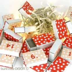 Adventskalender zum Befüllen Sterne Sternchen rot weiß Kraftpapier Mini-Schachteln 24x Schiebeschachtel