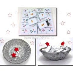 Adventskalender zum Befüllen, Korb silberfarben shabby stil,  Schachteln, rote Filzsterne, Spankorb