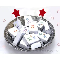 Adventskalender zum Befüllen, Korb silberfarben shabby stil,  Schachteln, rote Filzsterne, Spankorb