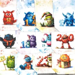 Adventskalender zum Befüllen – 24 handgemachte Papier-Tüten mit niedlichen Monstern, ca. 14 x 15 cm