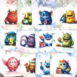 Adventskalender zum Befüllen – 24 handgemachte Papier-Tüten mit niedlichen Monstern, ca. 14 x 15 cm