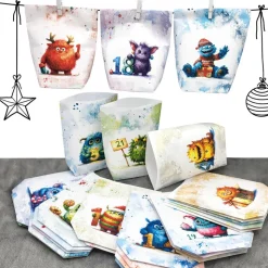Adventskalender zum Befüllen – 24 handgemachte Papier-Tüten mit niedlichen Monstern, ca. 14 x 15 cm