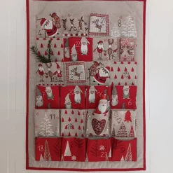 Adventskalender zum Befüllen aus Stoff in Rot-Beige, Wandbehang