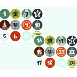Adventskalenderzahlen 1-24, Sticker, Aufkleber, 4 cm Durchmesser, grün braun bunt, retro style