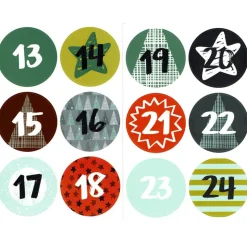Adventskalenderzahlen 1-24, Sticker, Aufkleber, 4 cm Durchmesser, grün braun bunt, retro style