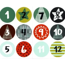 Adventskalenderzahlen 1-24, Sticker, Aufkleber, 4 cm Durchmesser, grün braun bunt, retro style