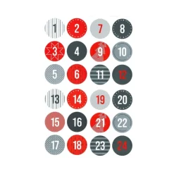 Adventskalenderzahlen 1-24, Sticker, Aufkleber, 4 cm Durchmesser, grau rot schwarz, Zahlen Sticker 40mm