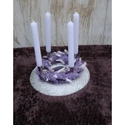 Adventskranz Holz mit Trockenblumen lila silberfarbig modern