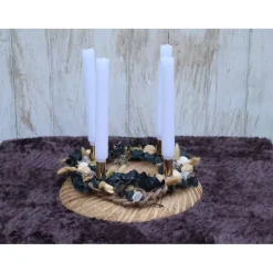 Adventskranz Holz Trockenblumen goldfarbig grün